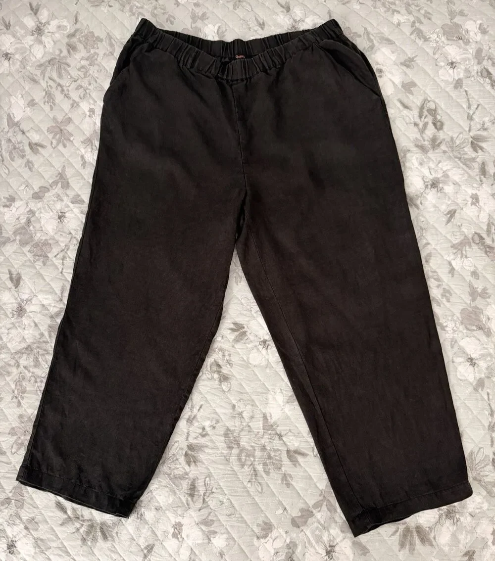 Quince 100% Linen Straight Leg Pants Black XL Elastic Waist